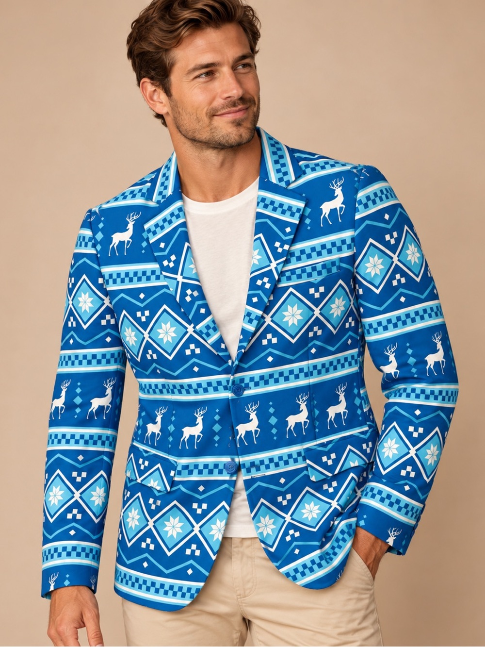 Offstream Men’s Blue Reindeer Fair Isle Christmas Blazer Size M